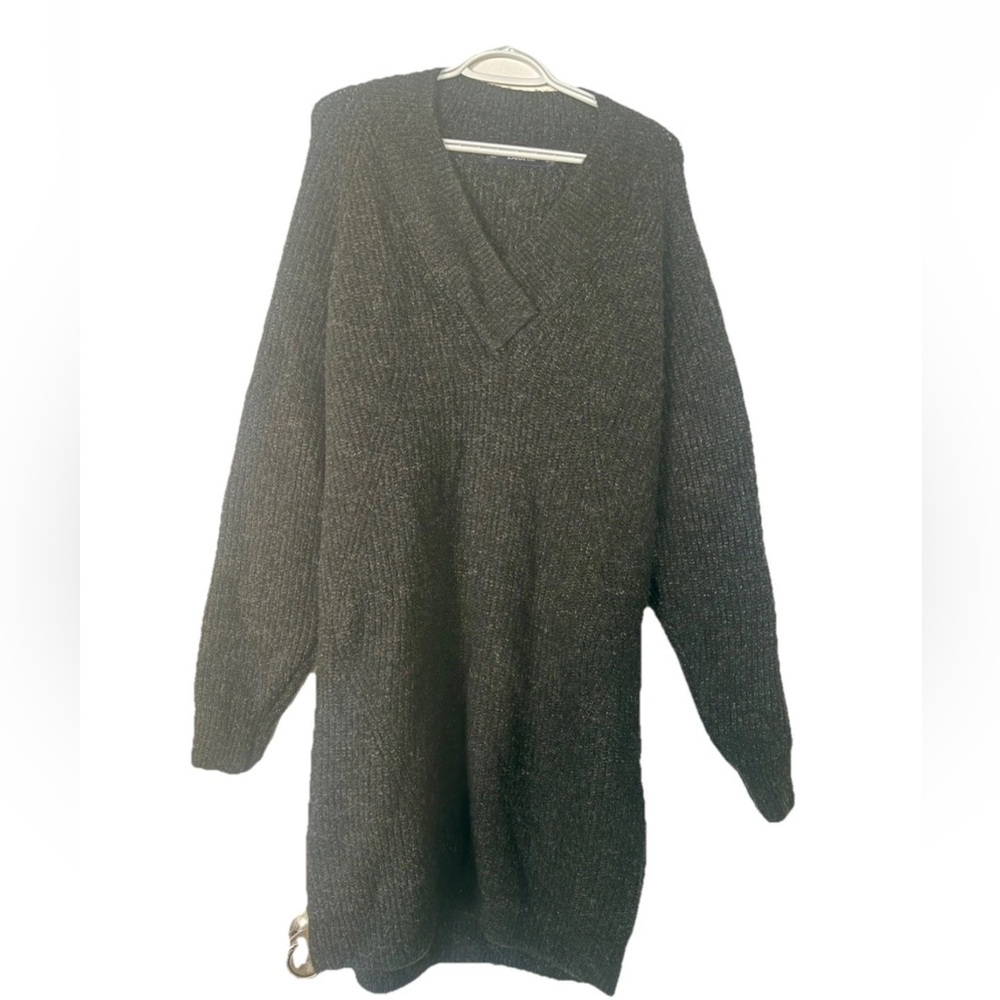 Zara Black V-Neck Ribbed Knit Sweater Dress oversized Sz M cozy classy